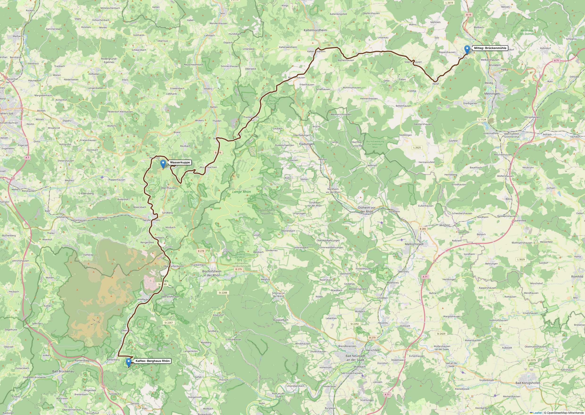 Karte der Etappe 2 von Meiningen über die Wasserkuppe zum Berghaus Rhön