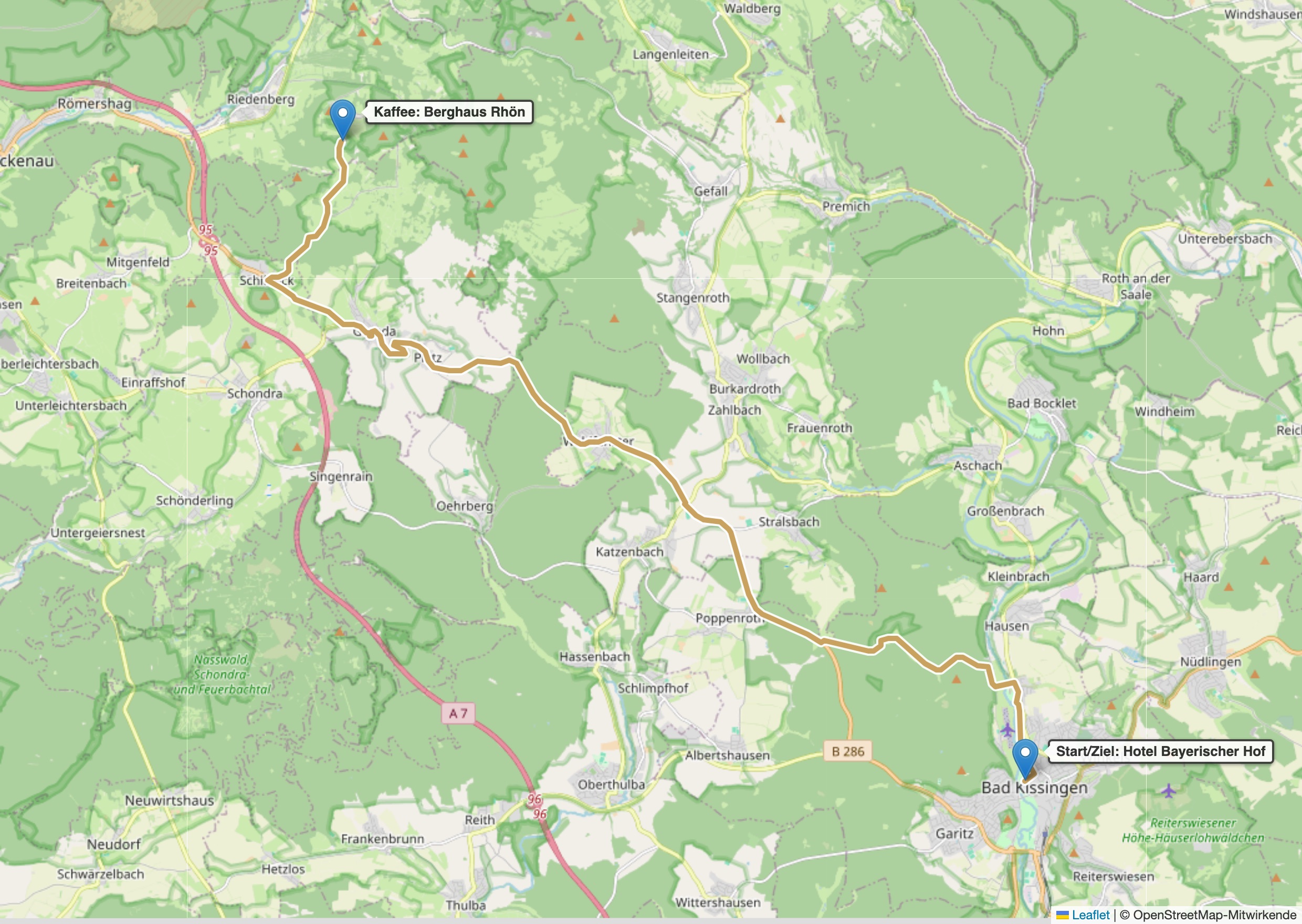 Karte der Etappe 3 vom Berghaus Rhön zurück nach Bad Kissingen